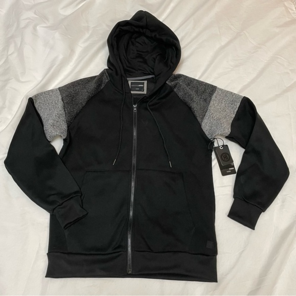 NWT Hudson & Barrow Black & Gray Zip Up Hoodie Sweatshirt with Raglan Sleeves, S